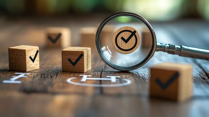 Poster - Business strategy planning concept with a magnifying glass focusing on a target icon and blocks with check marks, symbolizing goal setting and quality management processes