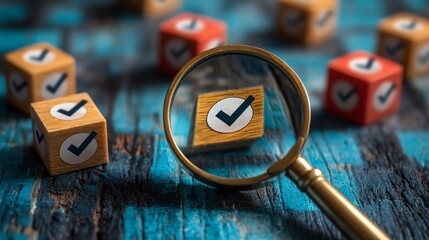 Poster - Business strategy planning concept with a magnifying glass focusing on a target icon and blocks with check marks, symbolizing goal setting and quality management processes