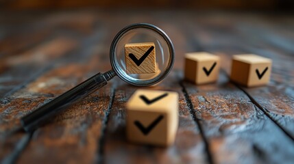 Poster - Business strategy planning concept with a magnifying glass focusing on a target icon and blocks with check marks, symbolizing goal setting and quality management processes