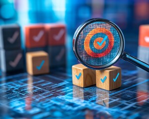 Poster - Business strategy planning and quality management concept, magnifying glass zooming in on a target icon and blocks with check marks, representing strategic goals and success