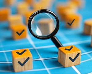 Poster - Business strategy planning and quality management concept, magnifying glass zooming in on a target icon and blocks with check marks, representing strategic goals and success
