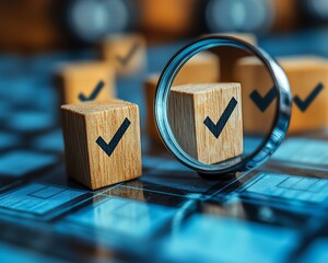 Poster - Business strategy planning and quality management concept, magnifying glass zooming in on a target icon and blocks with check marks, representing strategic goals and success