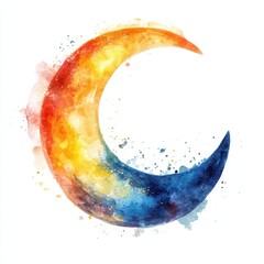 Aufkleber - Watercolor Crescent Moon Painting with Orange Yellow and Blue Hues
