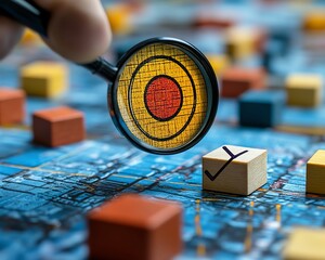 Poster - Magnifying glass on business strategy planning, focusing on a target icon and blocks with check marks, illustrating effective goal setting and quality management in business