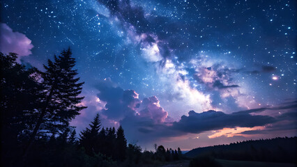 Wall Mural - Deep Blue Night Sky with Layers of Purple Clouds and Stars. Perfect for: Night, Cosmic Location