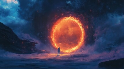 Poster - Person stands before a giant glowing portal in a magical atmosphere with a dynamic composition at twilight near the ocean