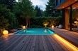 © Iris - Modern wooden deck, integrated LED lights, lush garden backdrop, natural, stylish, LED