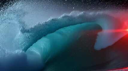 Poster - Powerful ocean wave crashing with futuristic red and blue lights creating a dramatic and artistic water effect