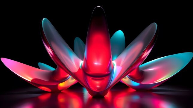 Abstract Glossy Flower with Vivid Red and Blue Lights on Black