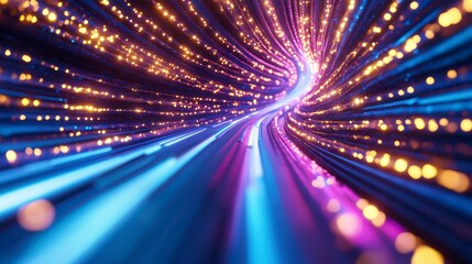 Poster - Abstract Digital Tunnel with Glowing Particles and Vibrant Purple, Blue, and Gold Lights