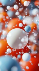 Poster - Abstract Floating Spheres with Water Droplets Orange, Blue, and White