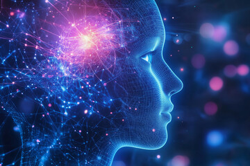 Aufkleber - woman's face is shown in a blue and purple color scheme. The face is surrounded by a web of lines and dots, giving it a futuristic and otherworldly appearance. Concept of mystery and intrigue