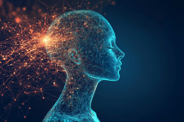 Aufkleber - woman's face is shown in a blue and orange light. The image is of a computer generated face, and the colors of the face are bright and vibrant. Scene is energetic and dynamic