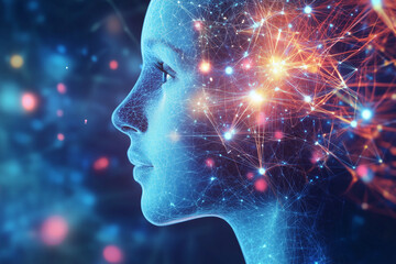 Aufkleber - woman's face is shown in a blue and red background with a lot of dots. The image is of a computer generated face, which gives off a futuristic and technological vibe. The dots on the face