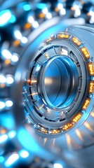 Poster - Abstract Metallic Circular Structure with Glowing Orange and Blue Lights