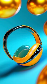Abstract Orange and Green Spheres with Chrome Ring 3D Render