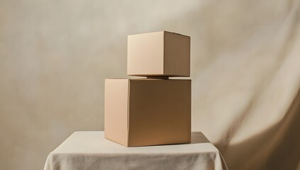 Poster - Two beige boxes stacked on table, studio shot
