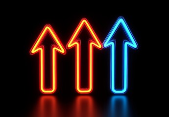 Poster - Three shining neon arrows aimed upwards on a dark canvas