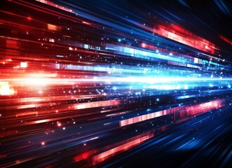 Poster - A vivid red and blue light streak arrow against a dark background, symbolizing rapid movement and velocity