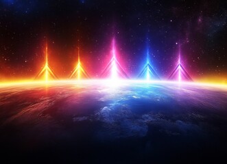 Poster - From a dynamic, digital Earth, luminous arrows soar upward, symbolizing global expansion and technological innovation. This scene captures a futuristic view of progress and unity