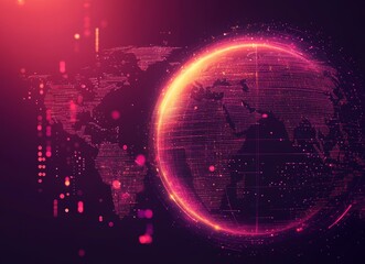 Poster - A vivid, shining digital representation of Earth, displaying interconnected cities with neon lights and energy flows. The dark background accentuates the illuminated global network
