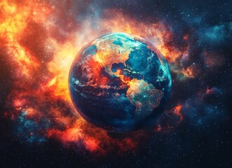 Poster - In a dark expanse, a glowing globe outlined in neon and filled with vibrant colors floats. Abstract energy streams encircle the planet, forming a futuristic and energetic scene