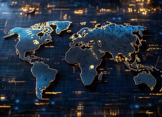 Poster - resting on a blue circuit board background, a radiant puzzle piece showing a world map symbolizes th