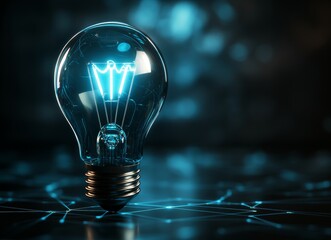 Poster - shining light bulbs, joined by luminous lines, brighten the dark setting. the scene conveys concepts