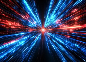 Poster - A shifting perspective of a dark tunnel, with vibrant red light streaks merging towards a bright blue light at the end