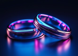 Poster - Three linked rings emit a bright neon glow in pink and blue hues, contrasting sharply with a black backdrop to create a sleek and abstract design