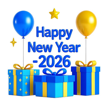 Happy new year -2026 Text-Beautiful gift boxes and balloon decoration PNG file download