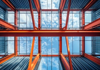 Poster - Abstract View of Industrial Architecture Featuring Steel Frame with Glass Panels and Bright Blue Sky in Background Highlighting Modern Design Elements