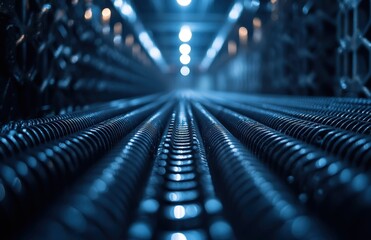 Poster - Abstract view of metal pipes in an industrial setting with soft blue lighting creating a futuristic atmosphere and highlighting the textures of the materials