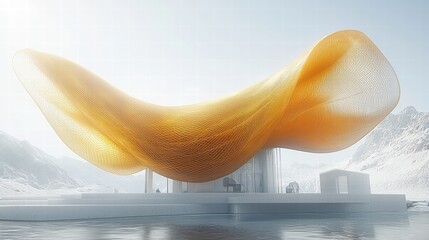Poster - Striking building with a prominent large yellow structure creating a unique architectural feature