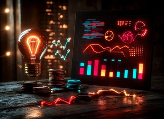 Poster - an illuminated double exposure image showcasing a lightbulb, glowing upward arrows, and dynamic neon