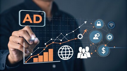 Aufkleber - Advertising Growth and Progress: An abstract image showing a person analyzing advertisement with a data-driven approach, visualized with charts, graphs, and digital icons.