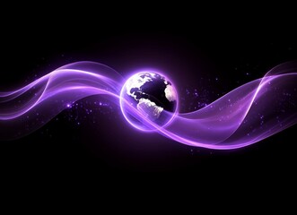 Poster - an image with double exposure, displaying a light bulb silhouette that holds a glowing earth, encirc