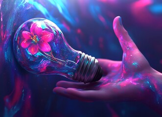 Poster - A double exposure picture of a lightbulb containing a plant, shining bright light onto a blue background