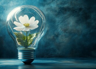 Poster - An image showing a lightbulb with a plant inside, casting bright rays of light on a blue backdrop