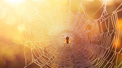 Close-up of a spider resting on its web, highlighted by soft, golden sunlight. The intricate web details and vibrant lighting capture the delicate beauty of nature.. AI Generation