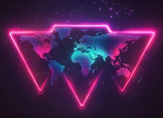 Poster - In a double exposure image, a world map is integrated into a vivid neon triangle. Digital lines emanate outward, crafting a futuristic and radiant global link