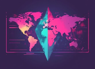 Poster - A double exposure picture combines a world map with a neon triangle in vibrant colors. Digital lines spread outwards, producing a futuristic and glowing global connection