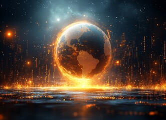 Poster - a striking double exposure of a glowing globe with an arrow overlay, highlighted by lively light tra