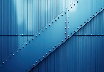 Poster - Blue Metal Wall with Vertical Lines and Rivulets Accentuated by Reflective Surface and Industrial Elements Enhancing Modern Aesthetic Appeal in Architecture