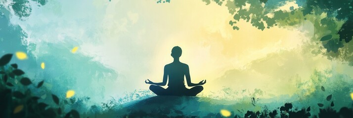 Aufkleber - Person meditating in serene nature surrounded by soft light and peaceful ambiance during early morning hours