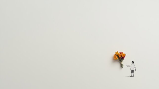 in the lower right corner of the frame on a white background shadow falls on a sheet of paper. a small drawn micro kitty in shorts stretches out his paw with a bouquet of flowers volumetrically.