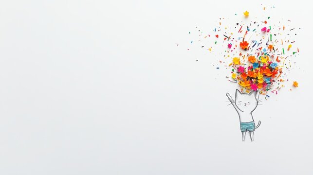 in the lower right corner of the frame on a white background shadow falls on a sheet of paper. a small drawn micro kitty in shorts stretches out his paw with a bouquet of flowers volumetrically.