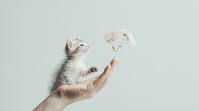 in the lower right corner of the frame on a white background shadow falls on a sheet of paper. a small drawn micro kitty in shorts stretches out his paw with a bouquet of flowers volumetrically.