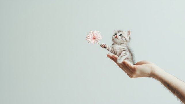 in the lower right corner of the frame on a white background shadow falls on a sheet of paper. a small drawn micro kitty in shorts stretches out his paw with a bouquet of flowers volumetrically.