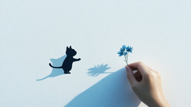 in the lower right corner of the frame on a white background shadow falls on a sheet of paper. a small drawn micro kitty in shorts stretches out his paw with a bouquet of flowers volumetrically.